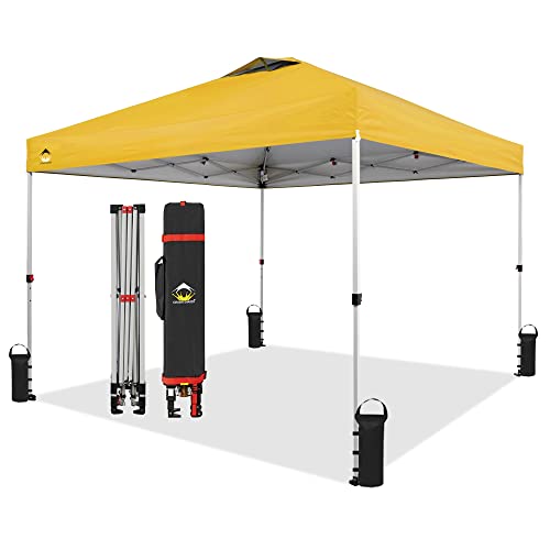 Crown Shades 10X10 Pop Up Canopy, Patented Center Lock One Push Tent Canopy, Newly Designed Storage Bag, 8 Stakes, 4 Ropes, Yellow #TOP27