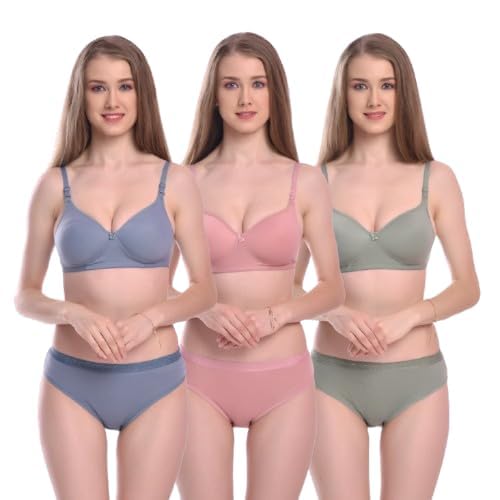 Women’s Cotton Bra & Panty Set | Padded, Non-Wired Full Coverage Bra with Comfortable Brief | Soft Bra & Innerwear Set Multiple Color Available (Pack of 3)-picture-21