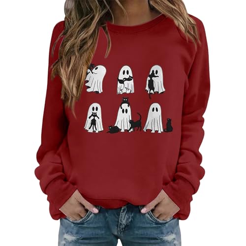 Sudadera de Halloween para mujer, camisetas divertidas de fantasma, talla grande, disfraces de Halloween, manga larga, sin botones, camisetas de gato negro, ropa de moda para vacaciones, Rojo -1, 3XL