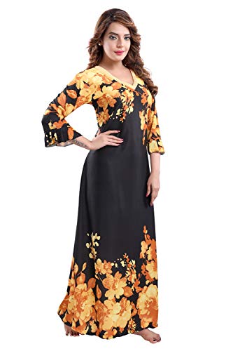 Image of Fabme Women's Crepe Printed Flare Nighty with Long Sleeves /Night Gown /Nightwear /Maxi