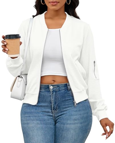 PerZeal Women's Fashion Jacket Casual Coat Long Sleeve Zip Up Outerwear with Pockets White Large