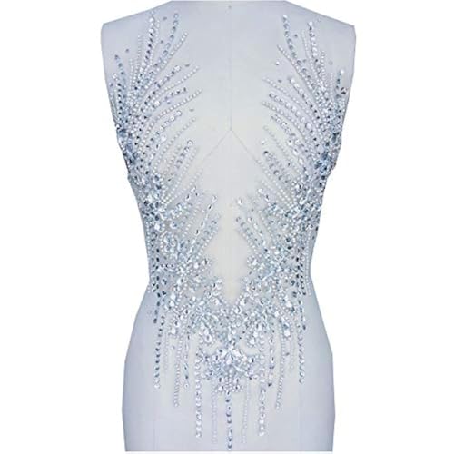 Pure Handmade Rhinestones Applique Sew on Beads Trim Patches for Wedding Dress 23x13 Inches (Silver), Rectangular