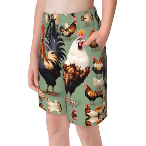 Rooster and Chicken Youth Beach Pants, Soft and Breathable, with Drawstring Waist, Suitable for Sports and Leisure.4