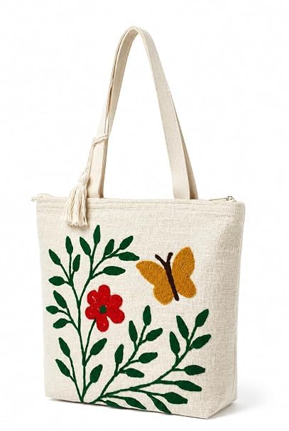 Embroidered Canvas Tote Bag, Cream, Floral Butterfly Design, Zipper Closure with Tassel-picture-27