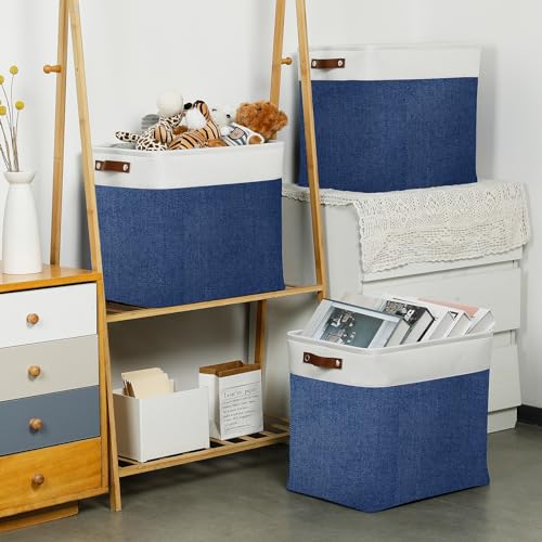 Image of DULLEMELO 51L Large Baskets for Storage, Large Rectangular Baskets for Shelves [3 Pack], Blanket Basket Dog Basket for Organizing Closet, Nursery, Clothes (White&Blue)