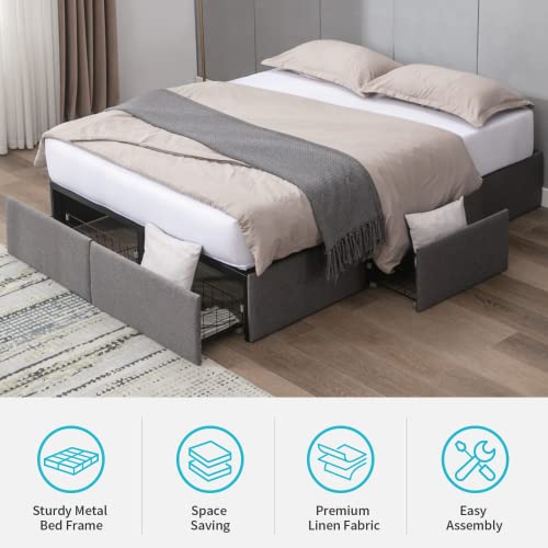 Cecer Queen Size Bed Frame With 4 Storage Drawers,Upholstered Metal Metal Platform Bed With Premium Linen Fabric,Queen Bed Base Frame With Metal Support,Easy Assembly/Space Saving-Dark Grey #TOP5