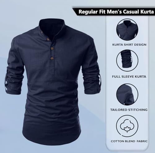 Image of Zombom Men's Solid Cotton Polyester Blend Casual Regular Fit Mandarin /Chinese Collor Full Sleeve Kurta Shirt for Men