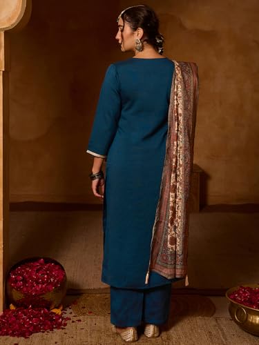 Image of Naixa Women's Silk Embroidery Straight Kurta with Pant | Cream Chanderi Cotton Printed Dupatta Set | 3 /4 Sleeve | Round Neck | Festive | Ethnic Wear (Available in Plus Size)