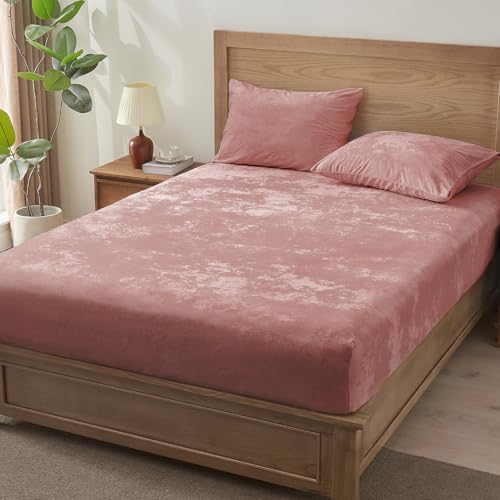 BEDELITE Velvet Fitted Sheet and Pillowcase Set, Luxury Soft Fuzzy Bottom Sheet with Reinforced Elastic Corner Straps, Deep Pocket up to 15 Inch, 1 Fitted Sheet and 1 Pillowcase (Twin, Dusty Pink)