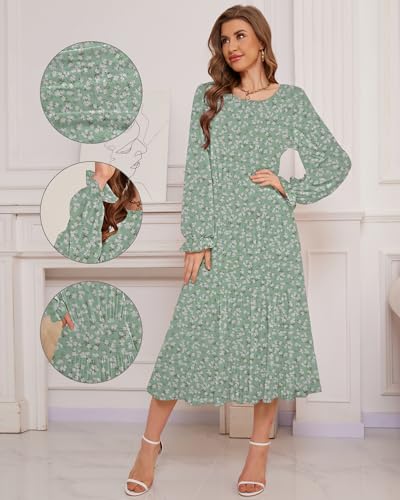 Image of CYiNu Women's Midi Dresses Long Sleeve Crew Neck Flowy Casual Floral Boho Tiered Chiffon Smocked Elegant Dress