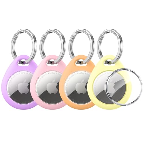 Image of UNBREAKcable Holder for Apple AirTag with 304 Stainless Steel Keychain Key Ring - 4 Pack [Fit Tightly Design] [Easy to Install] [Hold Air Tag Securely] Waterproof TPU Shell Protective Case, 4 Color
