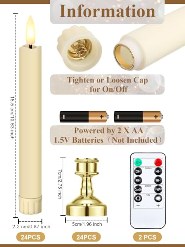 Image of VIHOSE 24 Pcs Flameless Taper Candles with Holders, Gold, Modern Style