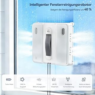 Yeerain Fensterputzroboter mit 200ML Wassertank, Saugkraft 5000Pa, 8 Düsen Wassernebel, Leiser Betrieb, 3 Reinigungsmodi, Intelligente Wegplanung, Randerkennung, Inklusive 4 Reinigungstüchern