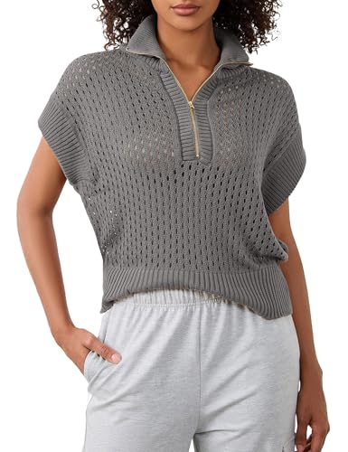 Image of Womens Spring Cap Sleeve Crochet Sweaters Loose Fit Quarter Zip Lightweight Hollow Out Beach Vacations Clothes