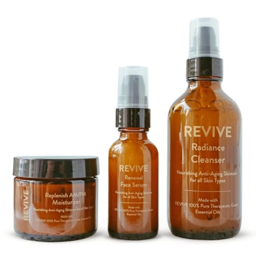 REVIVE Skin Health 3-Step Skincare Collection with Skin Health Essential Oil Blend - Radiance Cleanser Renewal Serum and Replenish AM/PM Moisturizer - Non-Toxic Skincare
