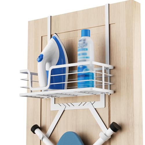 KES Over The Door Ironing Board Hanger with Storage Shelf, White | Fits Doors Up To 1-3/4 Inches, Adjustable Y/T Hooks, Durable Metal, Holds 66 Lbs