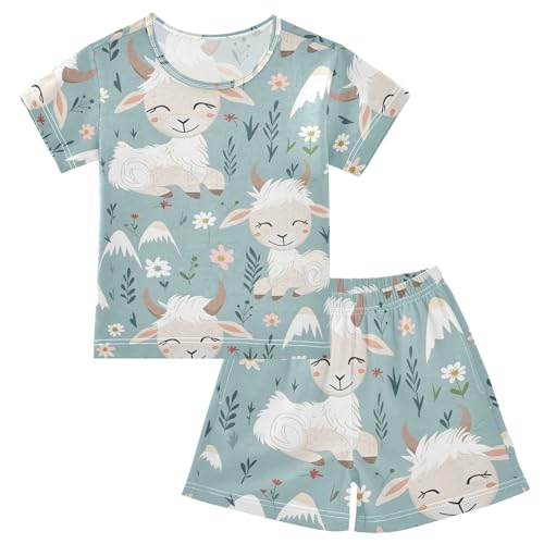 ALAZA Sheep Flower Floral Cute Pajamas Short Sleeve 2 Piece Sleepwear Top and Bottom Pajama Set Unisex
