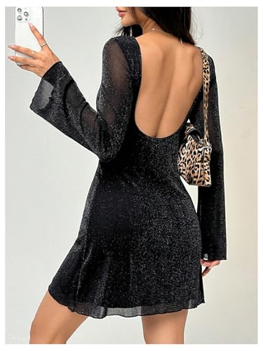 Image of WDIRARA Women's Y2k Leopard Print Dress Mesh Bell Long Sleeve Backless Mini Dresses
