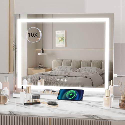 YU YUSING Miroir Coiffeuse de Maquillage LED 58x47 cm, 3 Couleurs, Charge USB, Luminosité Réglable, Miroir Lumineux de Table Cosmétique, Grossissant 10x,...
