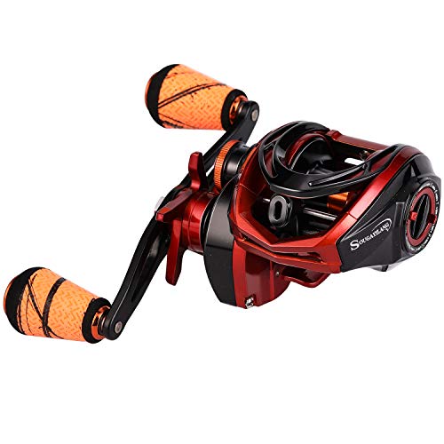 Moulinet de pêche baitcasting orange droitier performant en fibre de carbone