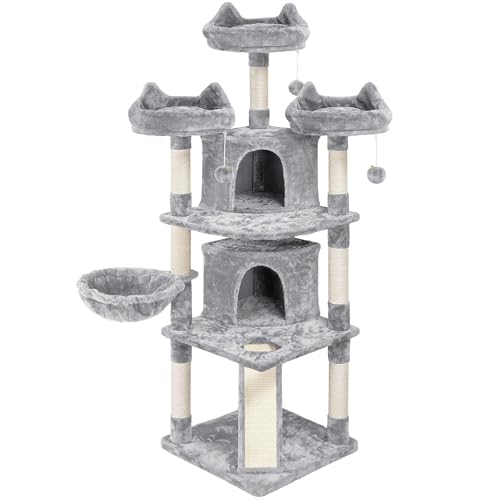 Yaheetech Arbre a Chat Géant 175 cm avec Griffoir Arbre à Chat Design Arbre à Gratter Tour de Jeux avec 2 Grottes Spacieux 3 Plateformes Planche à Gratter Gris Clair