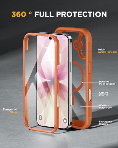 Image of miracase for iPhone 16 Case 6.1'', Full-Body Bumper Phone case with Built-in Full Glass Screen &Camera Control,No Gap,Compatible with MagSafe,Drop Proof 16 Cover,Orange