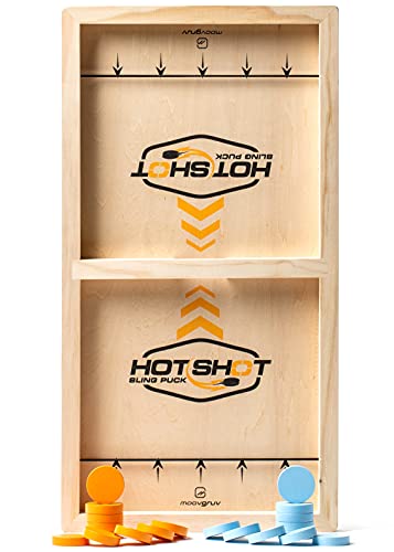 Hotshot Fast Sling Puck Game, Large Sling Shot Game, Foosball Tabletop Hockey Game. Slingshot Game Battle, Be The Winner for Family Game Night. Great Wooden Hockey Puck Game.