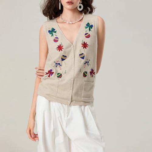 Image of KMBANGI Women Christmas Button Sweater Vest Embroidery Sleeveless Cardigan