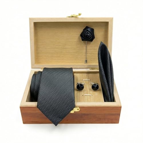 Image of Men's Necktie Gift Set with Wooden Box | Premium Tie, Pocket Square, Cufflinks & Lapel Pin | Elegant Formal Accessories Gift for Men