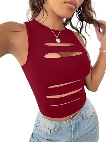 Image of LovelyWholesale Women Sexy Cut Out Crop Tank Tops Crew Neck Summer Sleeveless Top