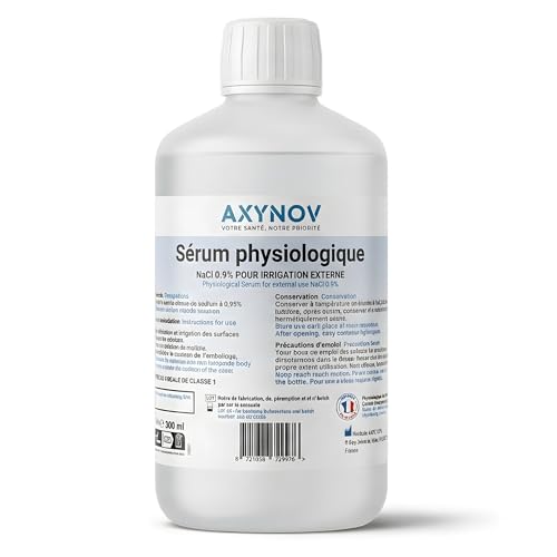 NaCl 0,9% Suero fisiológico – Solución salina fisiológica isotónica, para lavado nasal bebé y adulto, limpieza de nariz y heridas para irrigador nasal -Suero fisiológico en botella AXYNOV (500 ml)