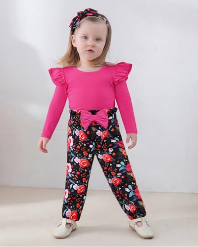 SANMIO Toddler Girl Clothes Outfits Cute Ruffle Sleeve Shirt Floral Pant+Headband 3Pcs Baby Girl Clothing Set 5-6T