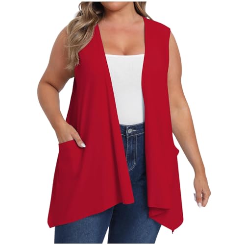 Sleeveless Cardigans for Women Plus Size Summer Long Vest Lightweight Open Front Cardigan with Pockets Gilet Femme Ete Red