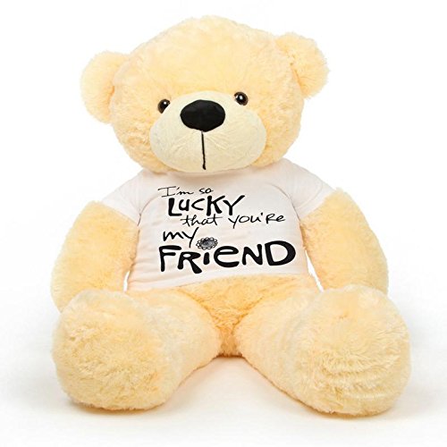 CLICK4DEAL Big Teddy Bear 4 feet Long Wearing A Lucky to Have U AS My Friend T-Shirt ( Bear 121 cm ) with Free Heart Shape Pillow Cream