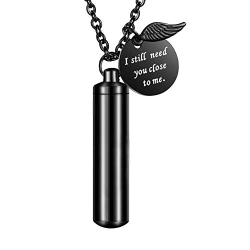 Dletay Cylinder Cremation Jewelry Urn Necklace for Ashes Memorial Ashes Necklace with Angel Wing Charm Memorial Keepsake for Pet Human-I Still Need You Close to Me