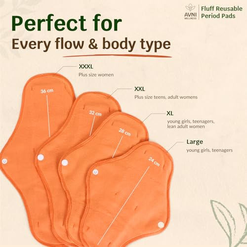 Image of Cloth Reusable Pads for Women & Girls - Fluff Reusable Cloth Pads | 3 Large Pad + 1 XL Pad + 1 Leak Proof Storage Pouch | For Heavy Flow Day and Overnight Use | Lasts Up To 2 Years | Highly Absorbent, Leak Proof, Lab Tested & Skin Friendly | Pack of 4