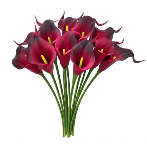 Image of 10 Pcs Artificial Calla Lily Flowers Bunch for Vase and Flower Pots- Premium Real-Look Faux Lily Stems for Home Decor, Living Room, Bedroom, Office Decoration (Vase not Included) (Dark-Maroon)