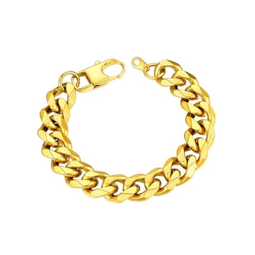 ChainsHouse Cuban Link Bracelet for Men, Stainless Steel Mens Bracelet 3MM/6MM/9MM/12MM Width Cuban Chain Wrist Bracelets, 6.3"-8.3" Length, Send Gift Box D-12MM-Gold 7.5 Inches