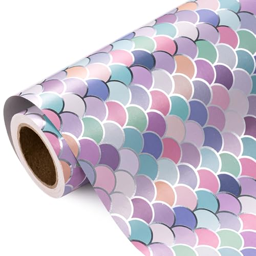 WRAPAHOLIC Mermaid Wrapping Paper Roll - Mini Roll - 17 Inch x 9.8 Feet - Colorful Mermaid Scale Wrapping Paper with Silver Foil Design for Birthday Girls Baby Shower Kids Birthday