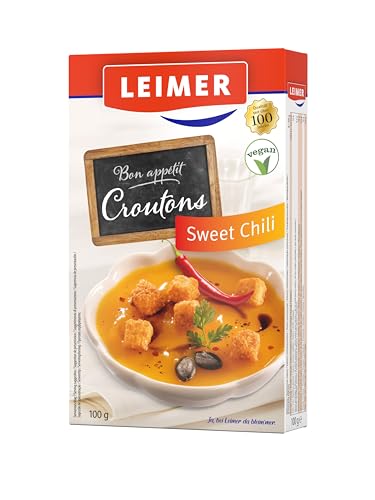 LEIMER Croutons Sweet Chili 100 g - Zart geröstet, mit Gewürzen verfeinert, aus frisch gebackenem Weißbrot, perfekt für Salate, Suppen, Knabbergebäck - Vegan (1 x 100g)
