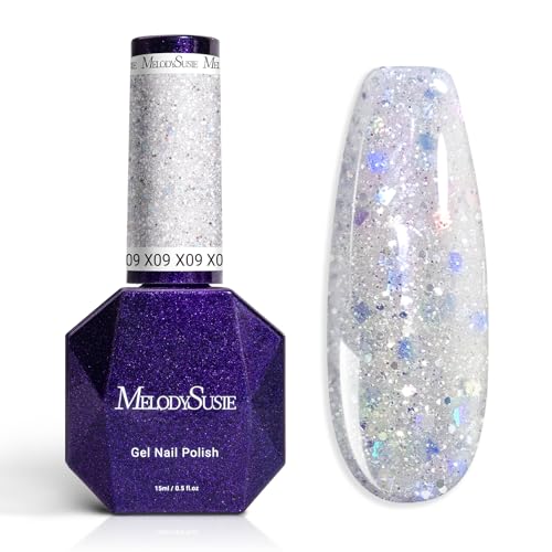 Image of MelodySusie Galaliver Silver Glitter Gel Nail Polish, 15ML Shimmer Silver Diamond Sparkle Gel Polish Soak Off UV LED Cured Long Lasting Gift for Women DIY Nail Design Nail Art Manicure X09