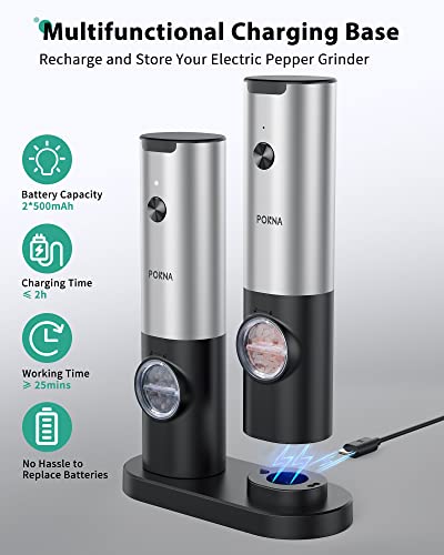 Pokna Electric Salt And Pepper Grinder Set, Usb Rechargeable Salt & Pepper Mill With Double Charging Base, Refillable Spice Automatic Mill Shakers Set With Adjustable Coarseness & Led Light #TOP2