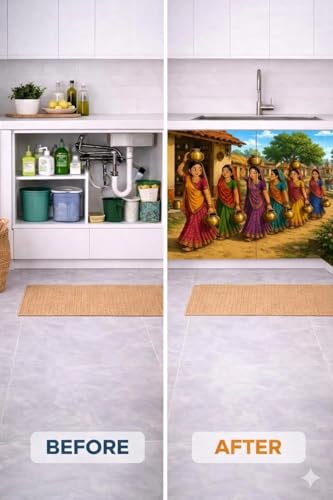 Image of REXOTEX Premium Printed Kitchen Sink Curtain | Kitchen Under Sink Curtain | Decorative Cabinet Cover | Washable & Dustproof | Modern Curtain (1, Women Water Pots)