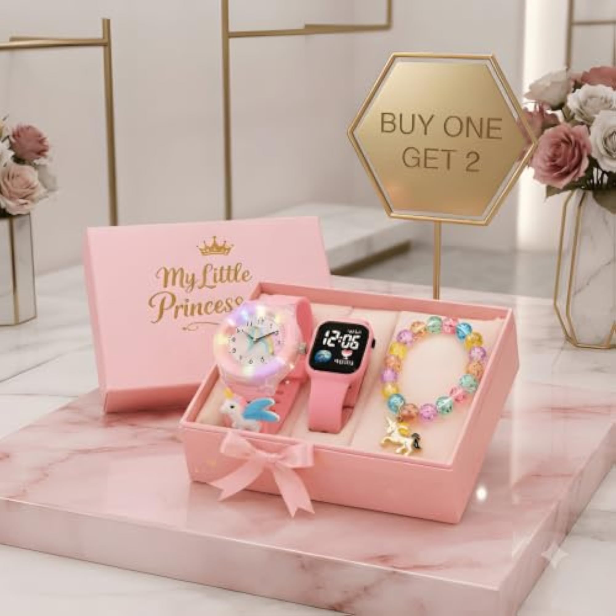 Kids Pink Cartoon Watch and Digital Watch Combo