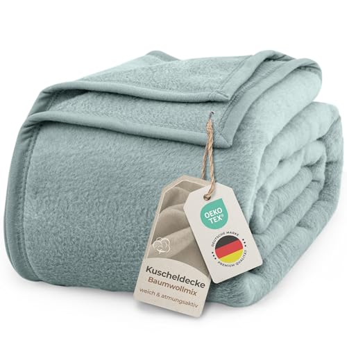LAYNENBURG Premium Baumwolldecke 150x200 cm - Oeko-TEX 100 - Baumwollmix Kuscheldecke - Decke als Wohndecke, Sofa-Decke und Couchdecke - Wolldecke kuschelig-warm aus Baumwolle (eukalyptus)