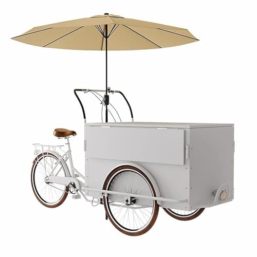 GUAWJRZDP Carrito de Comedor de Tres Ruedas con Paraguas, Carrito de Bicicleta Expendedor Móvil, Carritos de Comida Portátiles con Gabinete de Almacenamiento, Carrito de Helados for Negocios(Wit)