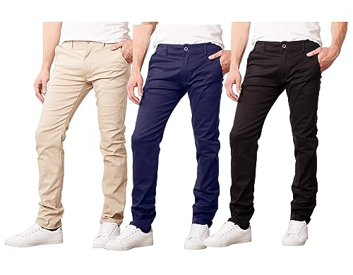 Men's Flex Stretch Slim Fit Chino Pants, Classic Rayon Blend Pants with Multi Pocket 3 Pack