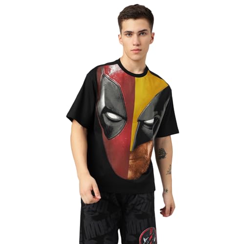 Free Authority Deadpool Printed Loose Fit Black Cotton Men T-Shir...