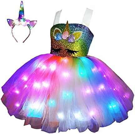 bDDeDD Unicorn Light Up Costumes Sequin Unicorn Dress Princess TuTu Dress Birthday Party Outfit Halloween Cosplay (8~9Years, Sequin Rainbow)