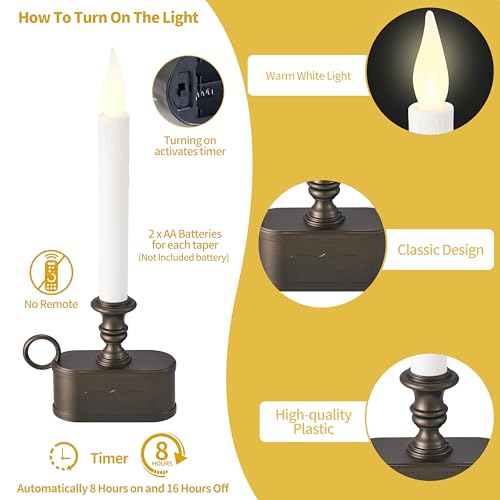 Image of Battery Operated Candle 1 Tier LED Window Candles 10.5 Inch Hight with Automatically Timer 8 Hours On /16 Hours off, Flickering Flameless Candles Antique Bronze Candles for Christmas ,Festival
